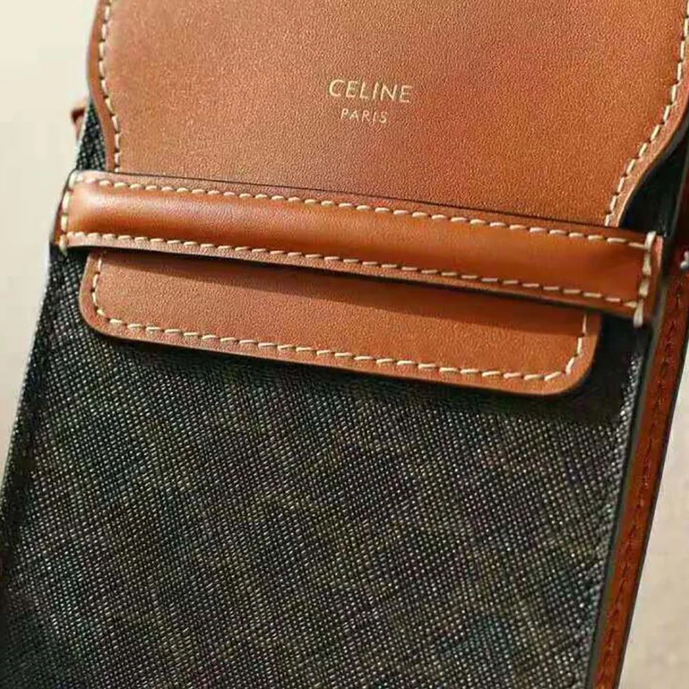 Celine Phone Pouch with Flap in Triomphe Canvas and Lambskin for Women in Brown