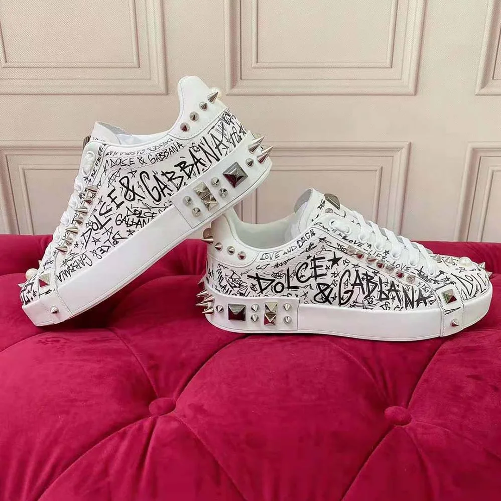 Dolce Gabbana D&G Calfskin Nappa Portofino Sneakers with Studs for Unisex in White Dolce Gabbana D&G Calfskin Nappa Portofino Sneakers with Studs for Unisex in White