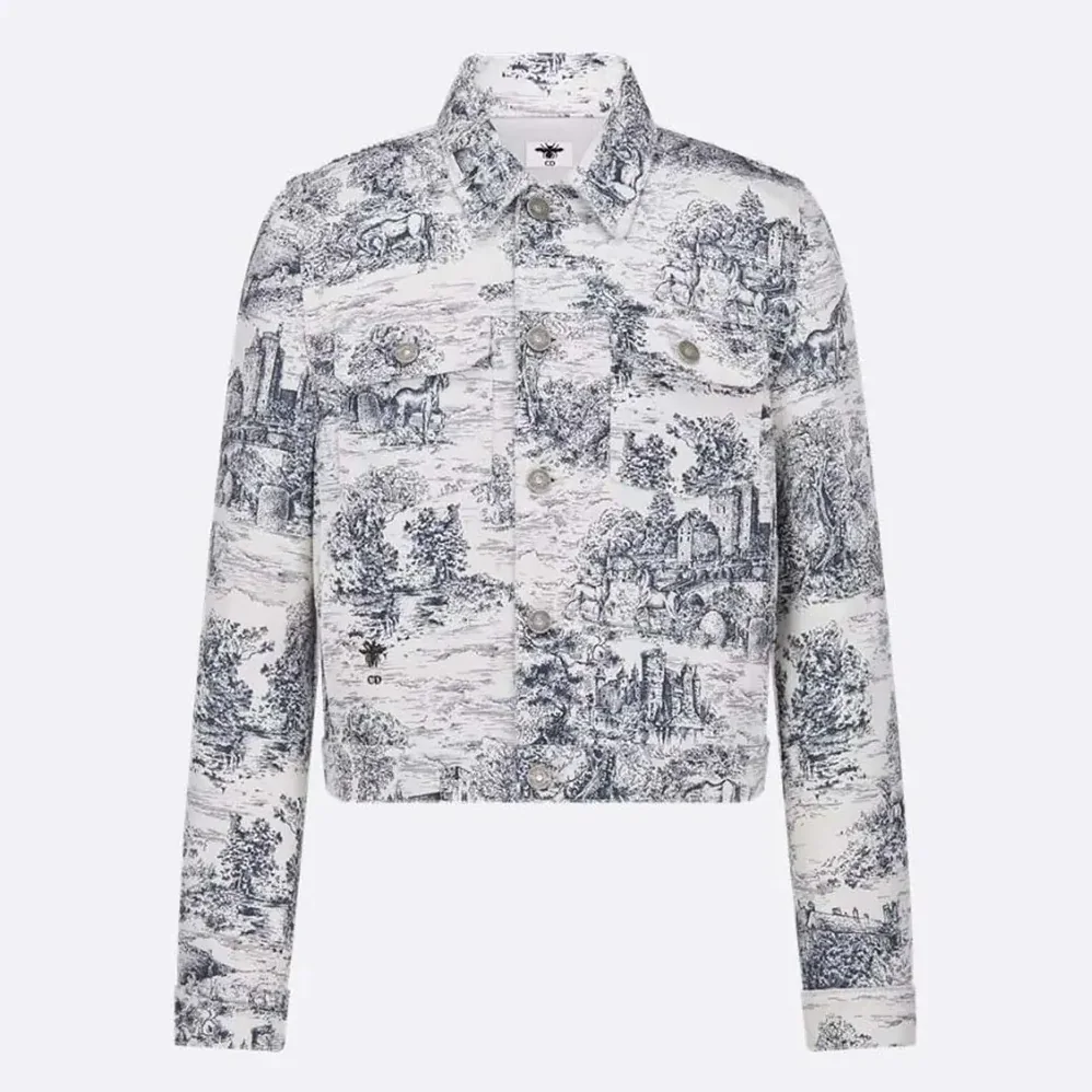 Dior Jacket White Cotton Denim with Blue Toile de Jouy Scotland Motif for Men