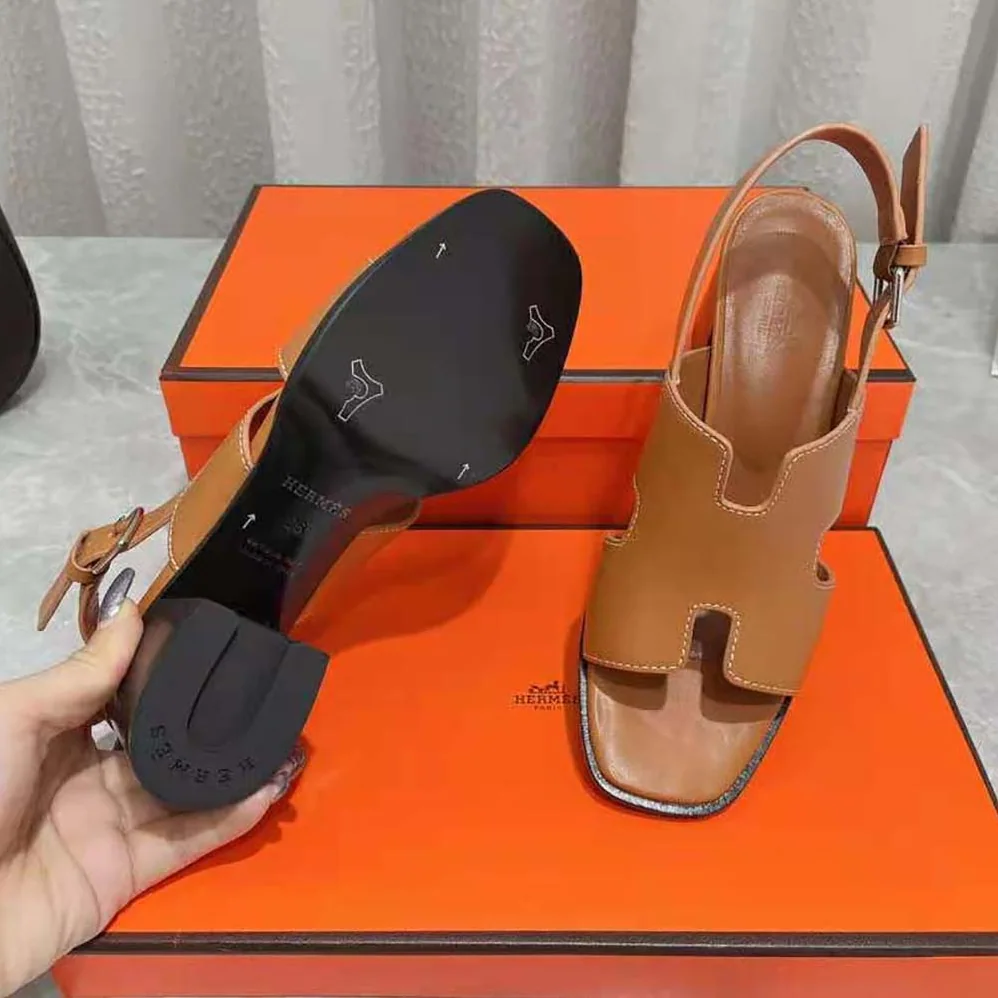 Hermes Elbe 60 Sandal in Calfskin with H Cut-Out Detail for Women in Brown Hermes Elbe 60 Sandal in Calfskin with H Cut-Out Detail for Women in Brown