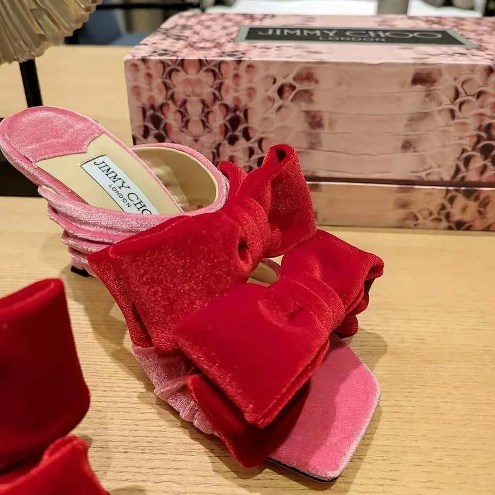 Jimmy Choo Flaca Sandal 100 Candy Pink Velvet Sandal with Bow for Women Jimmy Choo Flaca Sandal 100 Candy Pink Velvet Sandal with Bow for Women