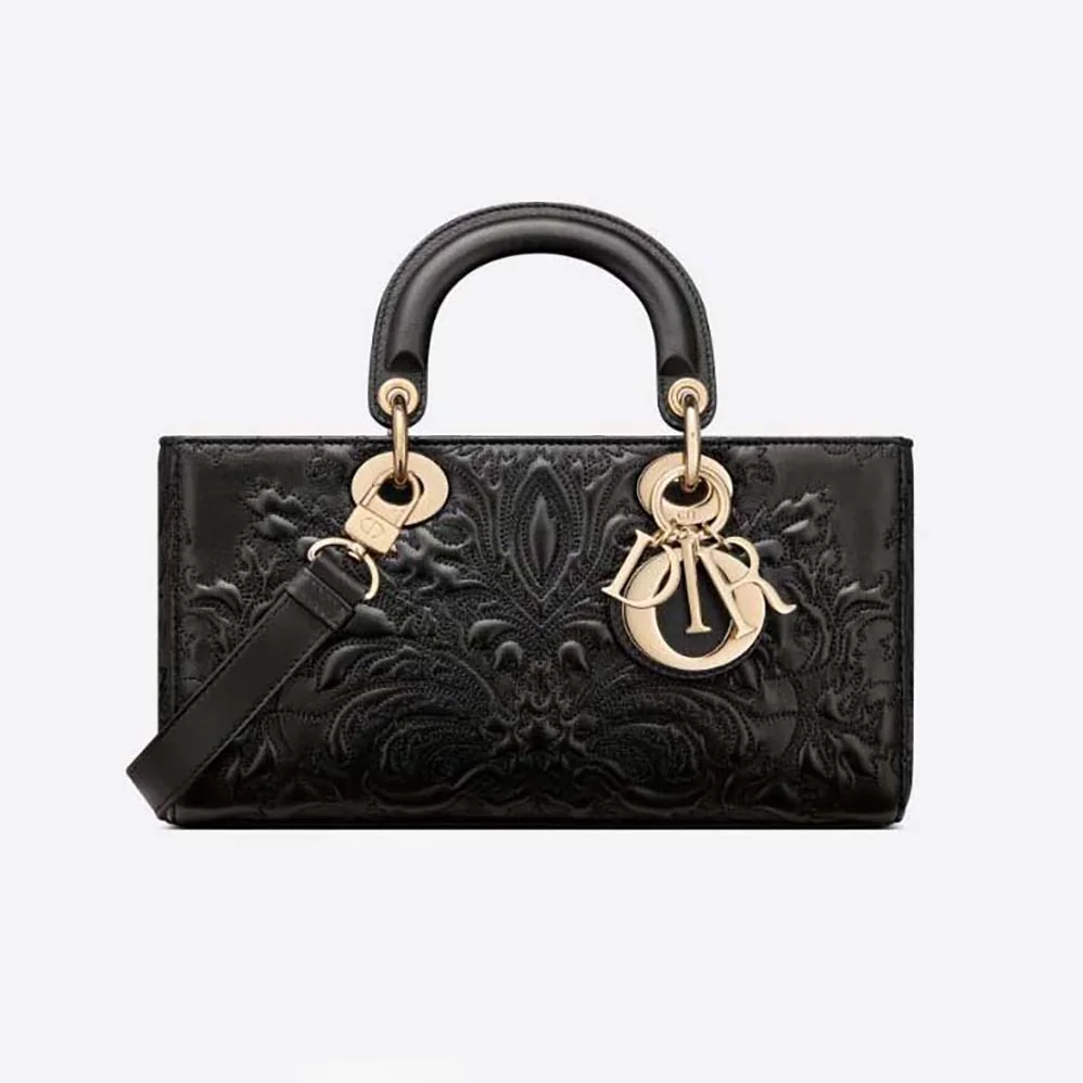 Dior Medium Lady D-joy Bag Black Quilted-Effect Lambskin with Ornamental Motif for Women