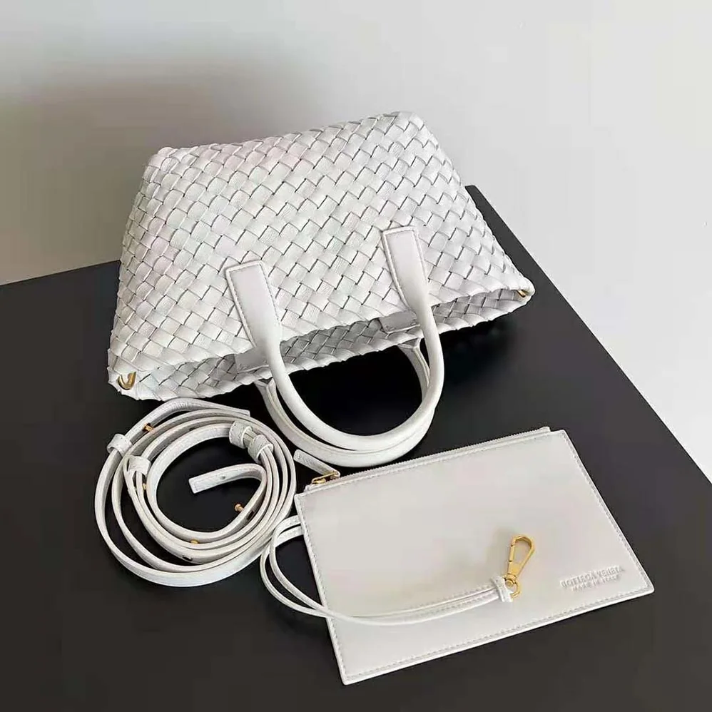 Bottega Veneta Mini Cabat Intreccio Leather Tote Bag with Detachable Strap for Women in White