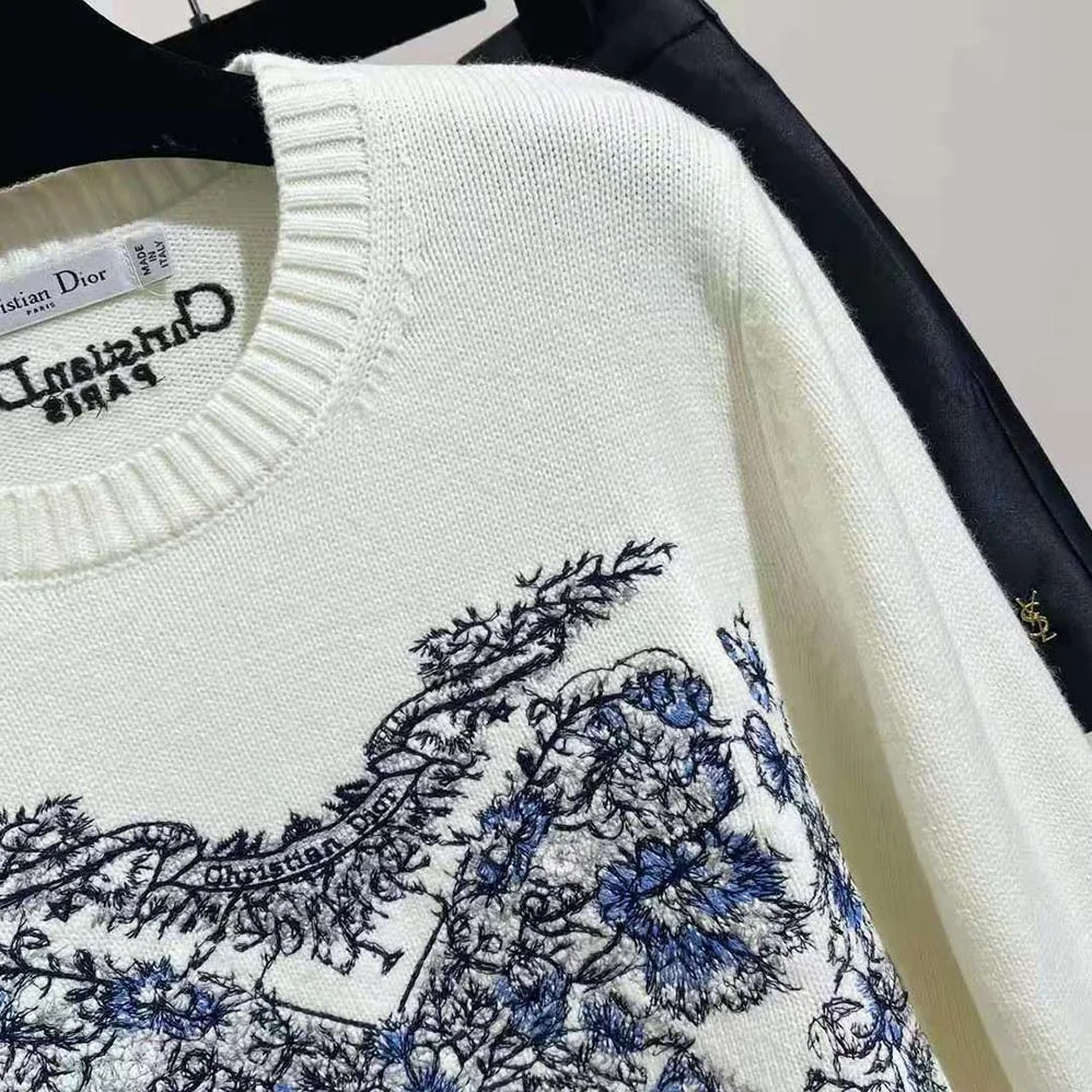Dior Embroidered Sweater Ecru Cashmere Knit with Pastel Midnight Blue Butterfly Around The World Motif for Women