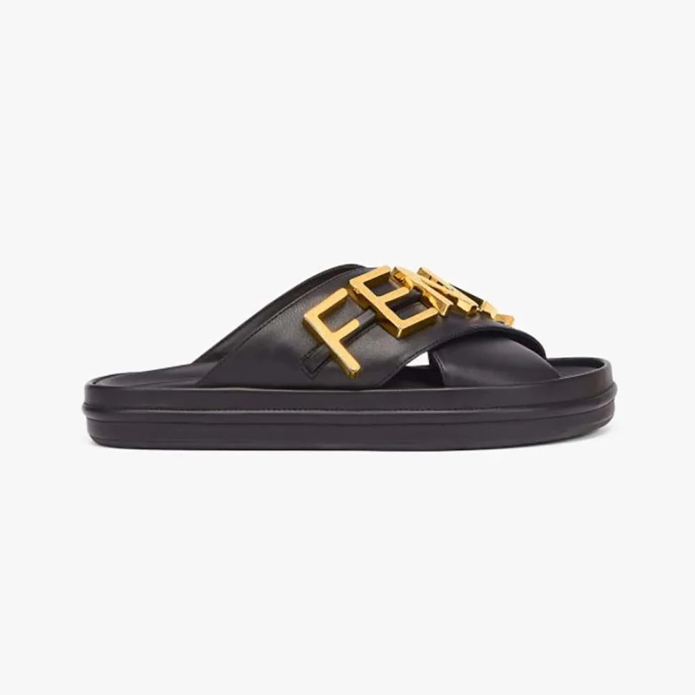 Fendi Fendigraphy Black Leather Slides for Women Fendi Fendigraphy Black Leather Slides for Women