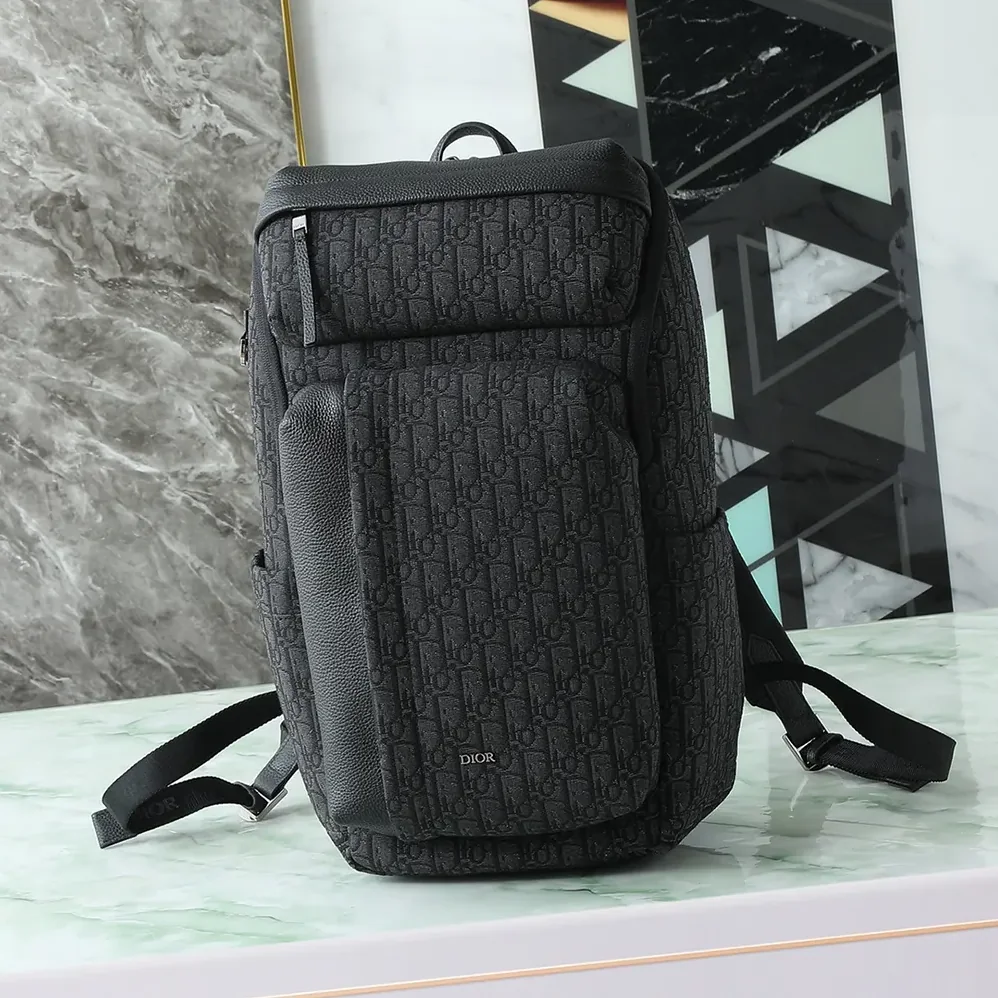 Dior Rider Soft Zipped Backpack Black Dior Oblique Jacquard and Black Grained Calfskin for Men