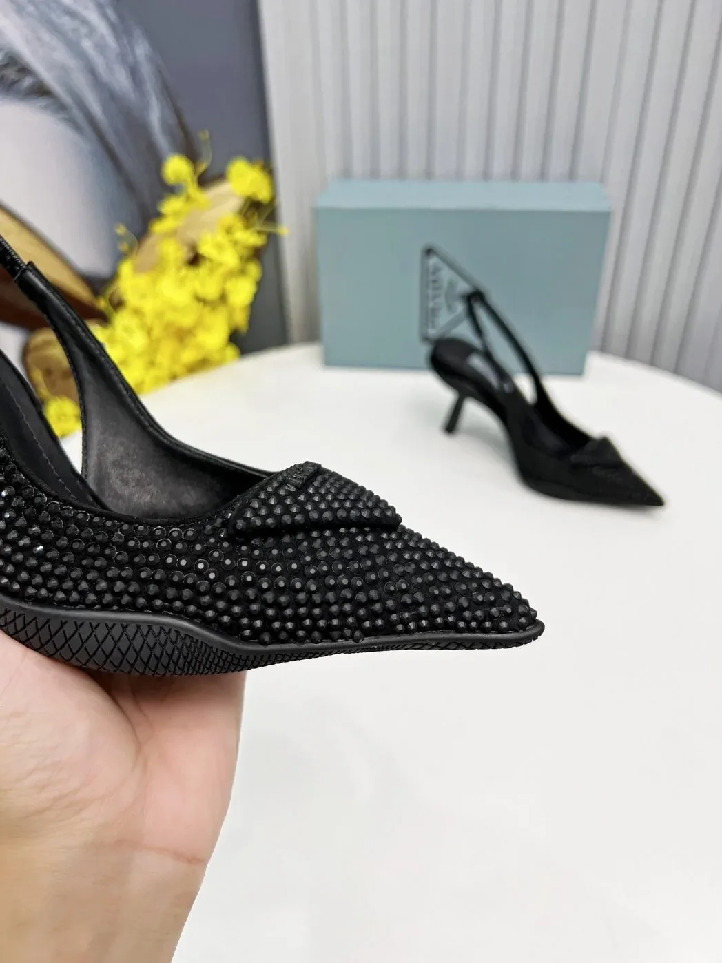 Prada Satin Slingback Pumps With Crystals Black in PRD