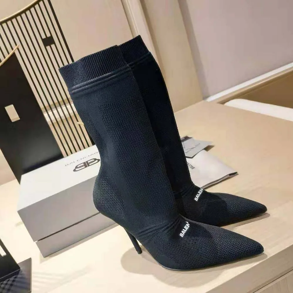 Balenciaga Knife 2.0 80mm Bootie in Black and White Textured Recycled Knit for Women Balenciaga Knife 2.0 80mm Bootie in Black and White Textured Recycled Knit for Women
