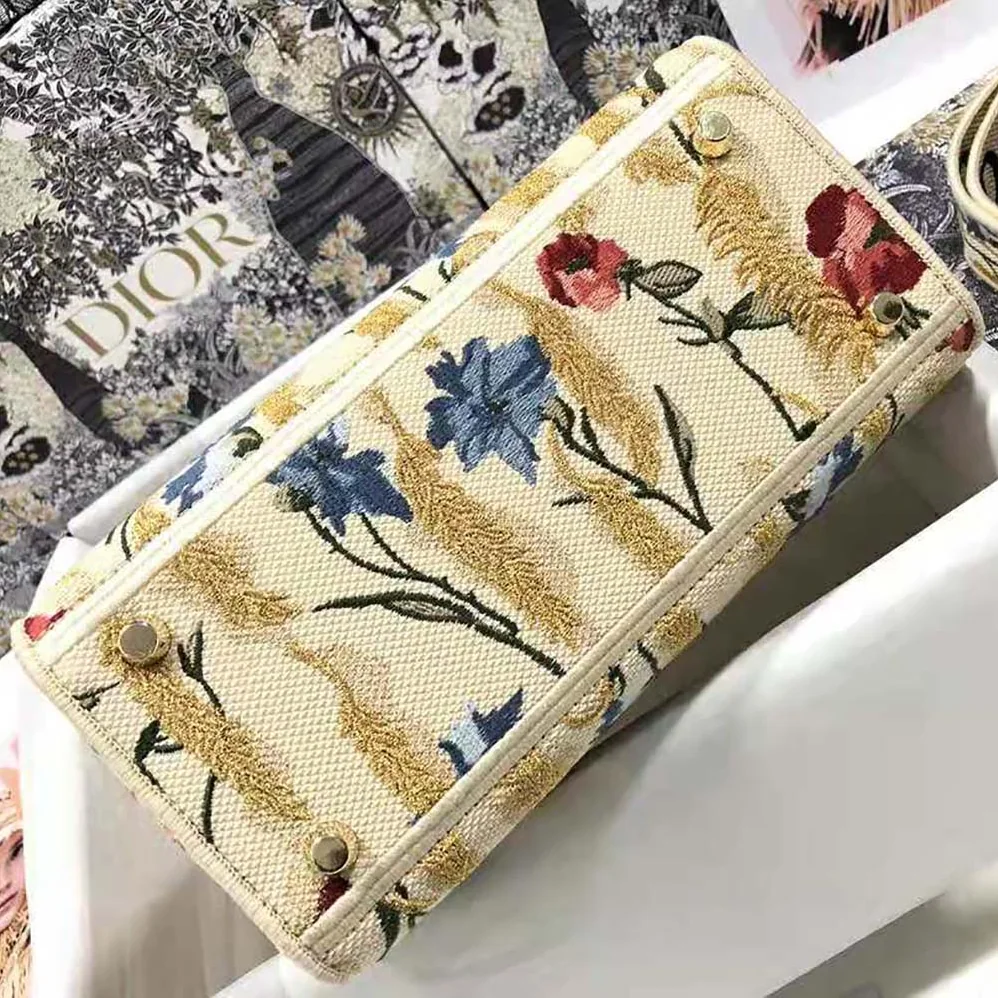 Dior Medium Lady D-lite Bag Beige Multicolor Dior Hibiscus Metallic Thread Embroidery for Women