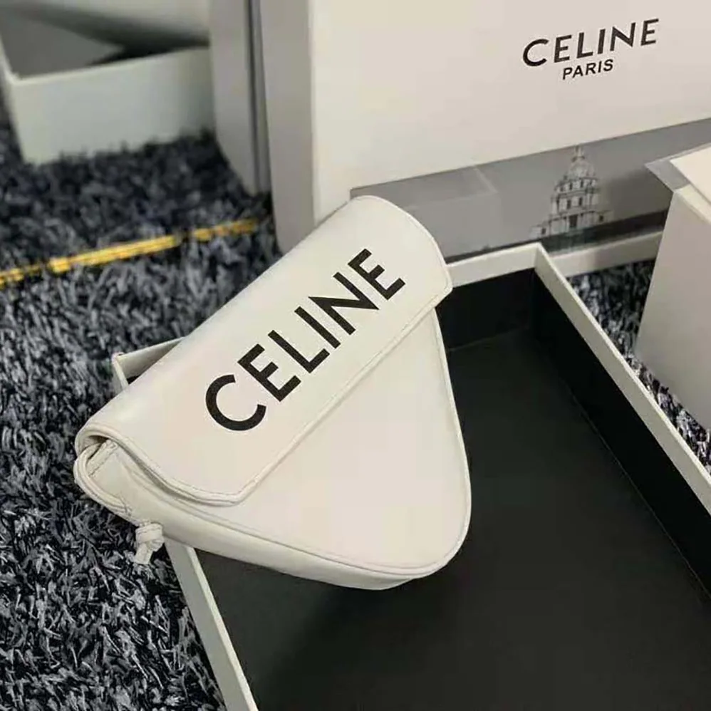 Celine Triangle Bag in Smooth Calfskin with Celine Print for Women in White