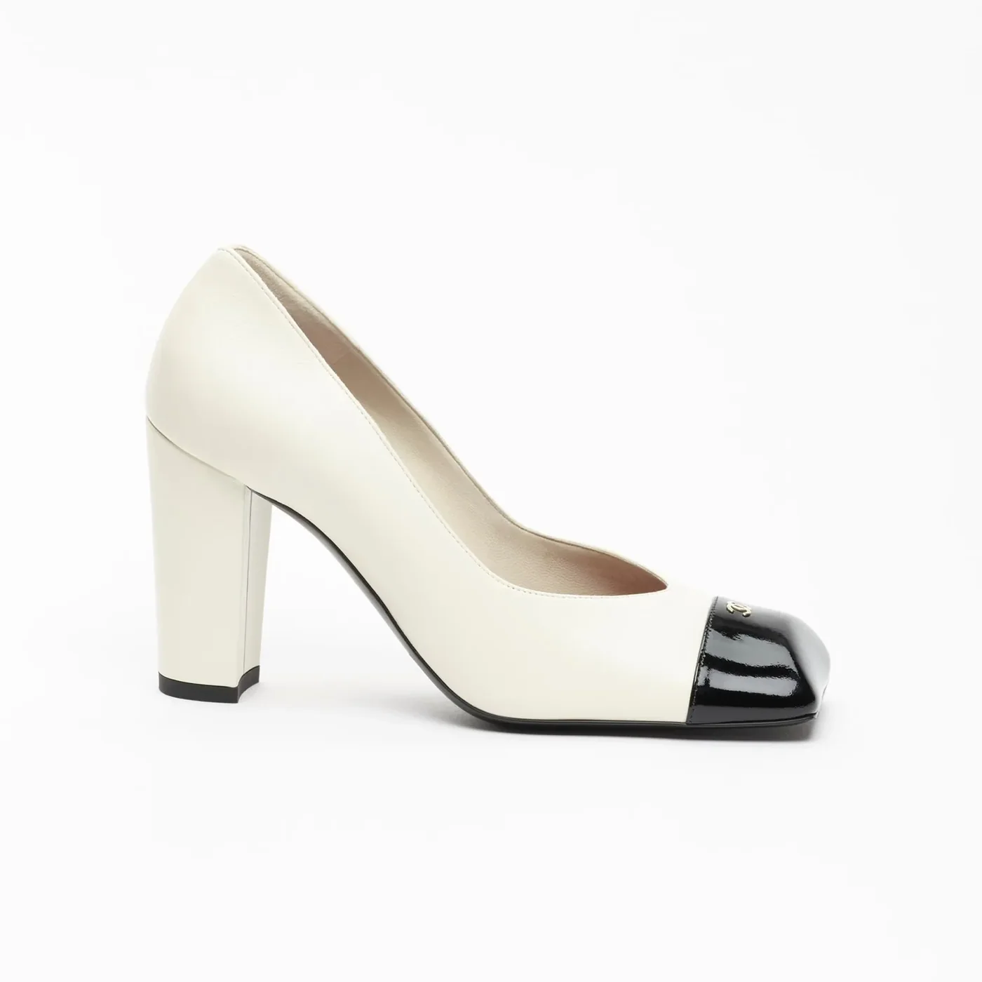 Chanel Block Heel Pumps Ivory/ Black --U9754