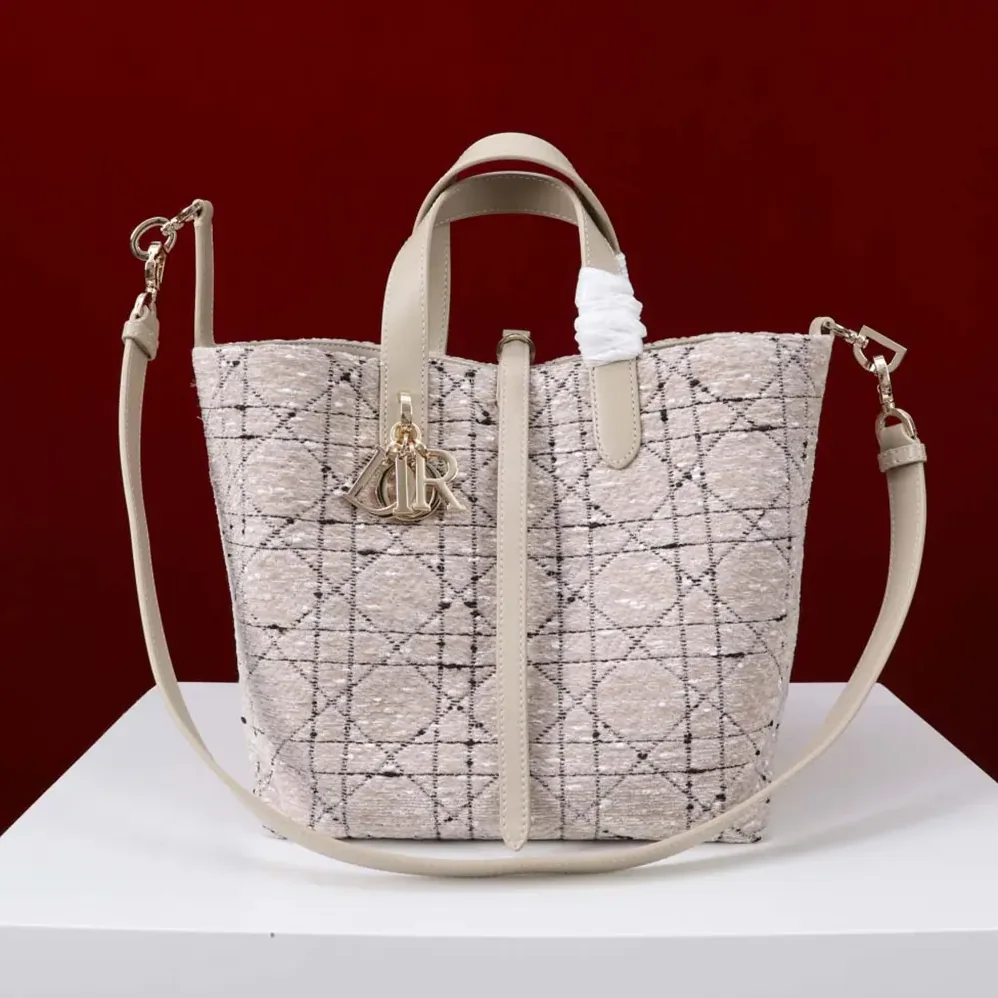 Dior Medium Dior Toujours Vertical Tote Bag Beige Tweed with Black Cannage Motif for Women