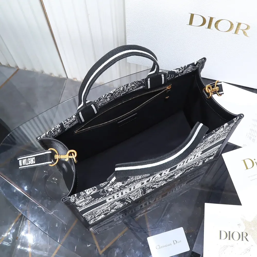 Dior Medium Dior Book Tote Black and White Plan de Paris Embroidery with Black Calfskin for Women Dior Medium Dior Book Tote Black and White Plan de Paris Embroidery with Black Calfskin for Women