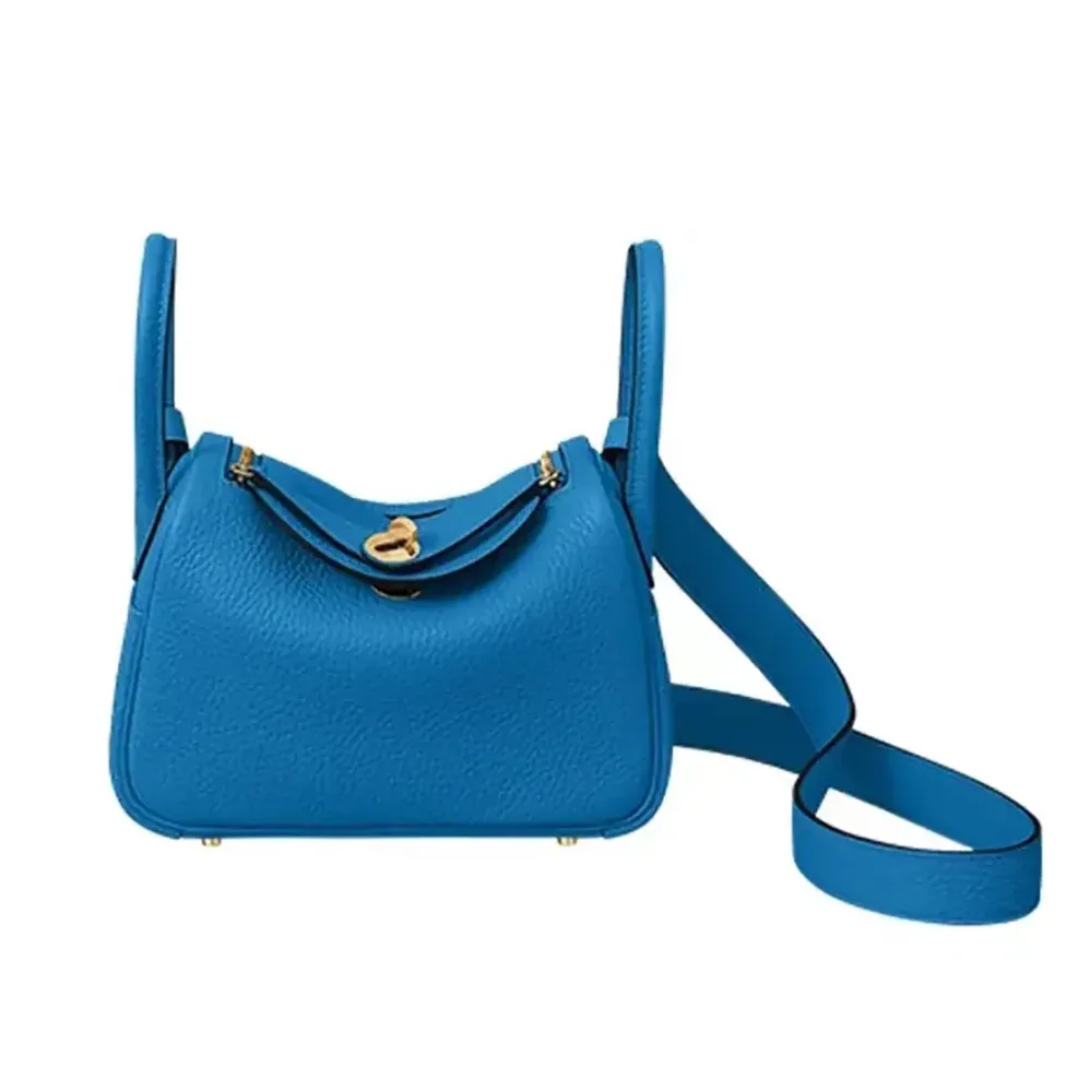 Hermes Lindy Mini 19 in Clemence Leather for Women in Blue/Gold Hermes Lindy Mini 19 in Clemence Leather for Women in Blue/Gold