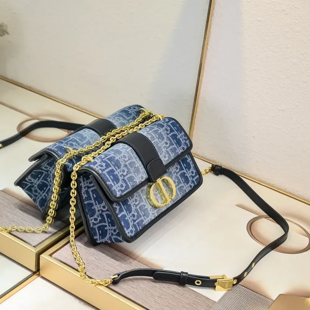 Dior 30 Montaigne East-West Bag with Chain Blue Denim Dior Oblique Jacquard for Women