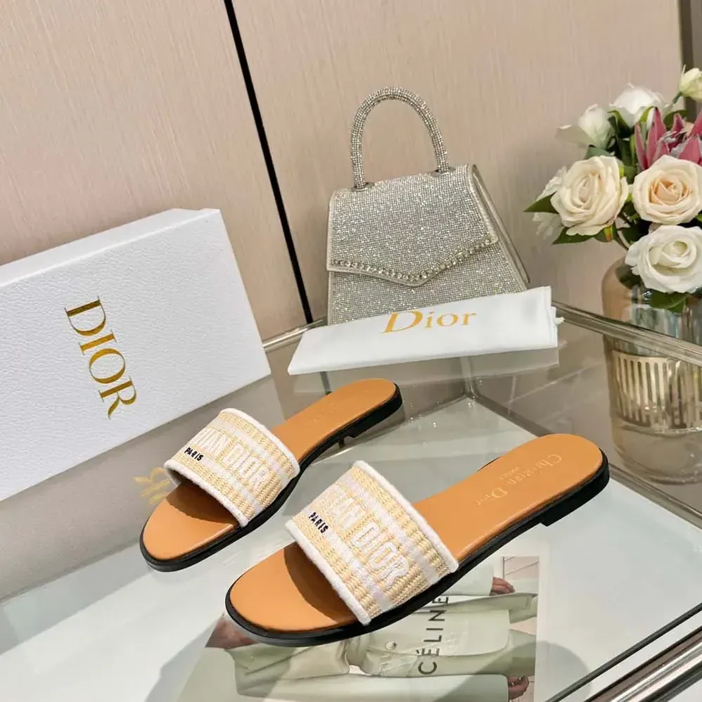 Dior Dioriviera Dway Slide Natural Raffia and White Embroidered Cotton for Women Dior Dioriviera Dway Slide Natural Raffia and White Embroidered Cotton for Women