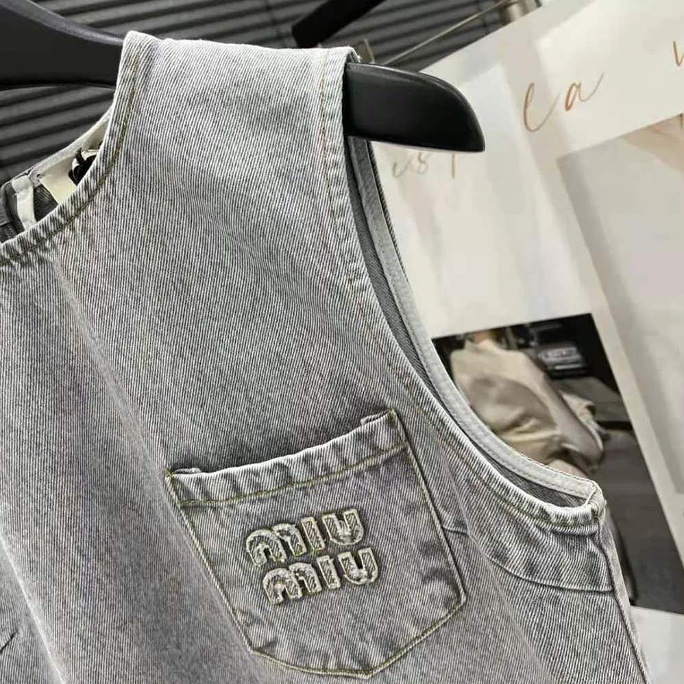 Miu Miu Denim Dress with Embroidered Logo for Women Miu Miu Denim Dress with Embroidered Logo for Women