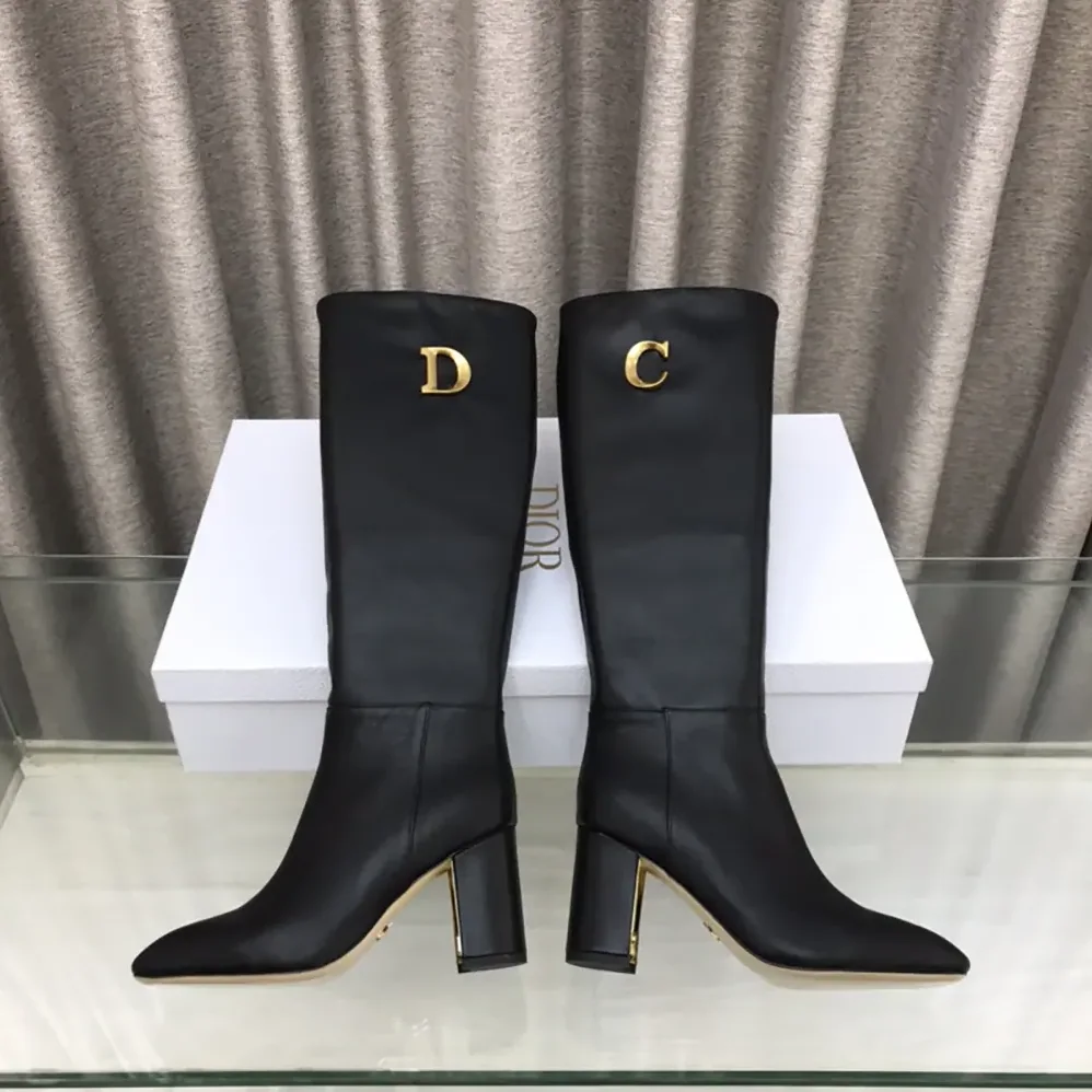 Dior Logo Knee-High Boot in Black Calfskin with Gold for Women in Tone Accents Dior Logo Knee-High Boot in Black Calfskin with Gold for Women in Tone Accents