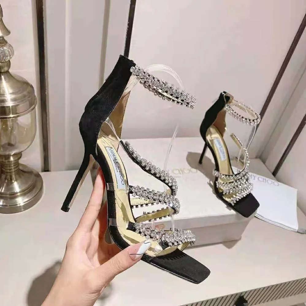 Jimmy Choo Josefine 100 Black Suede Sandals with Crystal Embellishment for Women Jimmy Choo Josefine 100 Black Suede Sandals with Crystal Embellishment for Women
