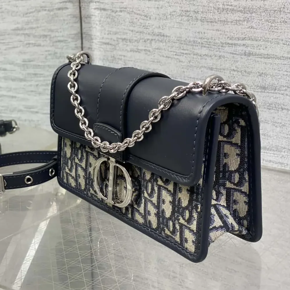 Dior 30 Montaigne East-West Bag with Chain Blue Dior Oblique Jacquard and Smooth Calfskin for Women