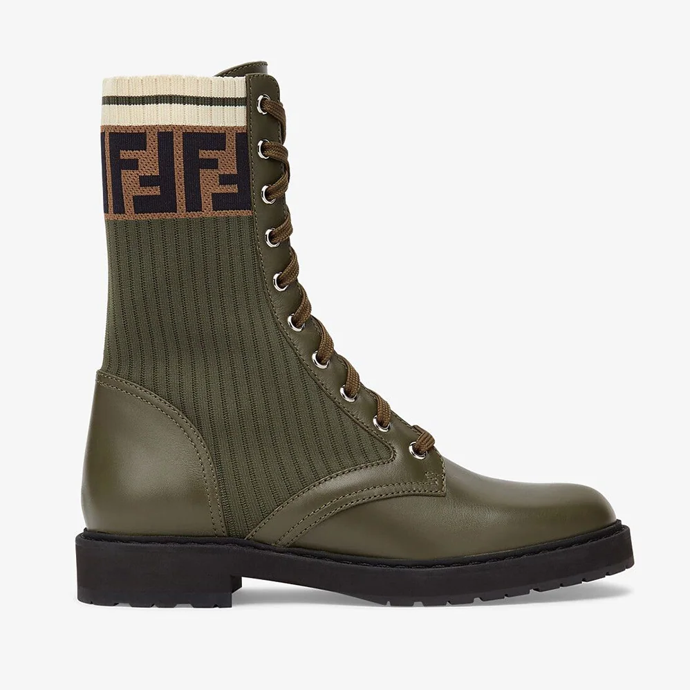 Fendi Rockoko Green Leather Biker Boots with Sstretch Fabric for Women