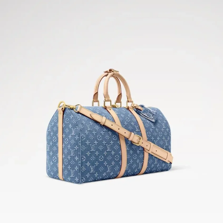 Louis Vuitton Keepall Bandouliere 45 Travel Bag in Blue Denim Gold Hardware Louis Vuitton Keepall Bandouliere 45 Travel Bag in Blue Denim Gold Hardware