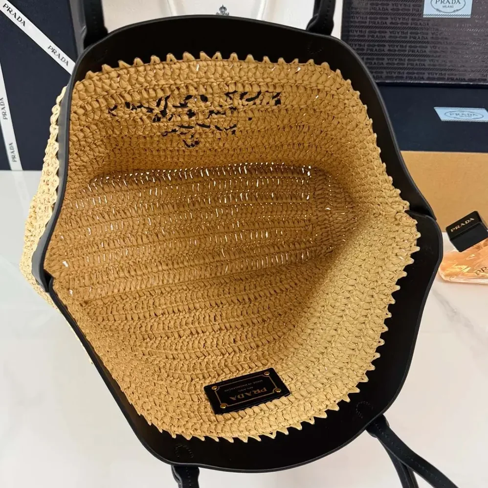 Prada Medium Crochet and Leather Tote Bag for Women in Black
