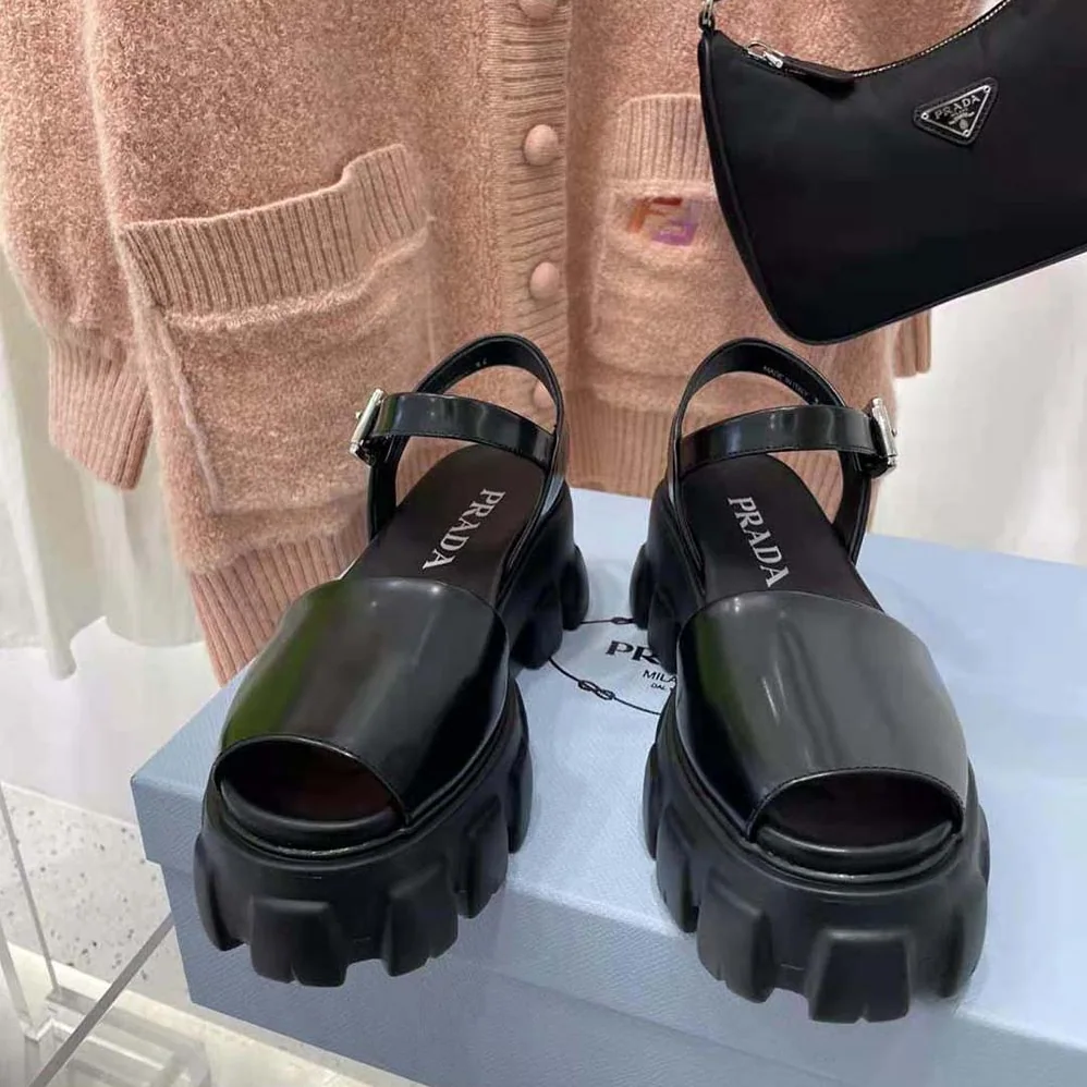 Prada Monolith Brushed Leather Sandals in 55mm Heel for Women in Black