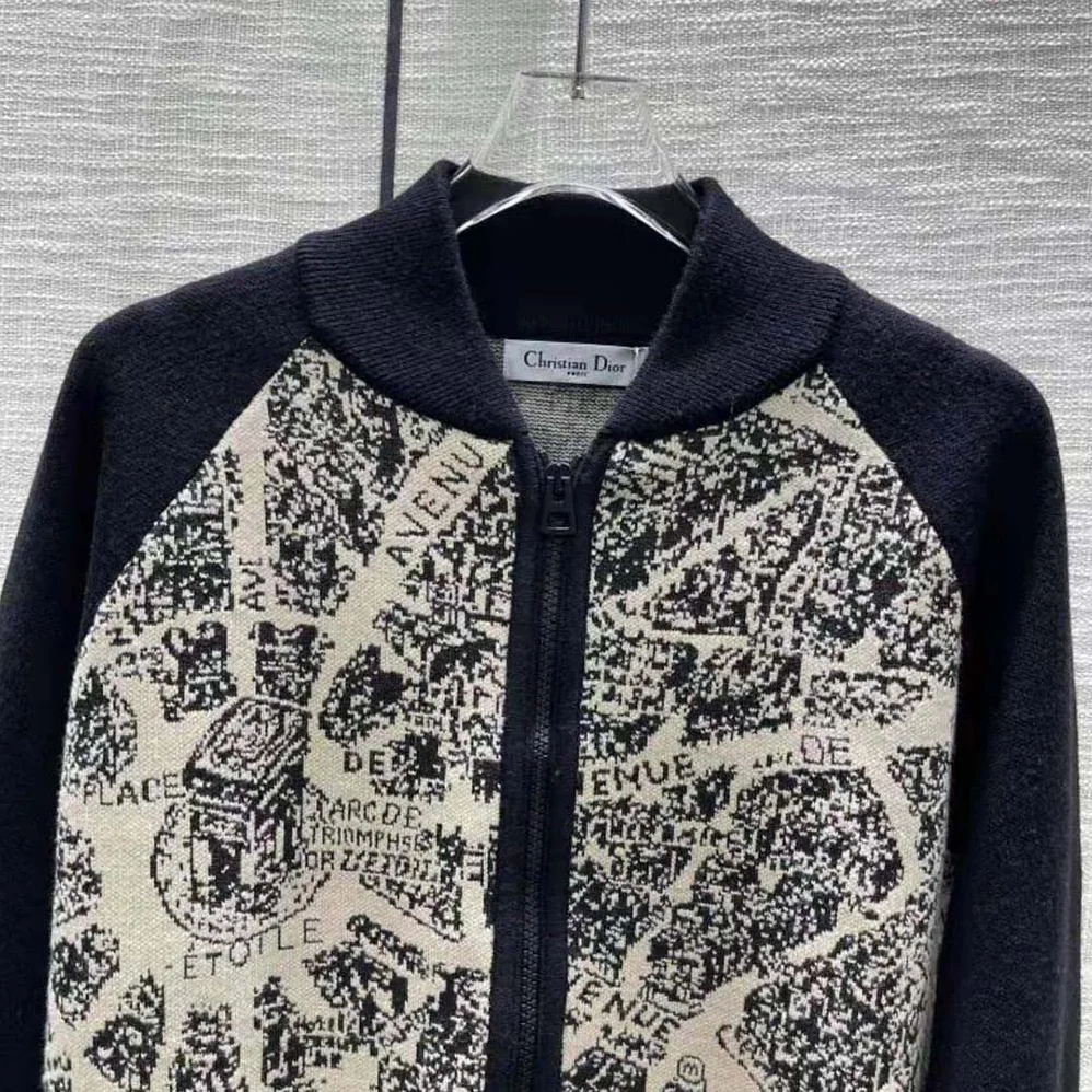 Dior Bomber Jacket Beige and Black Technical Virgin Wool Knit with Plan de Paris Motif for Women