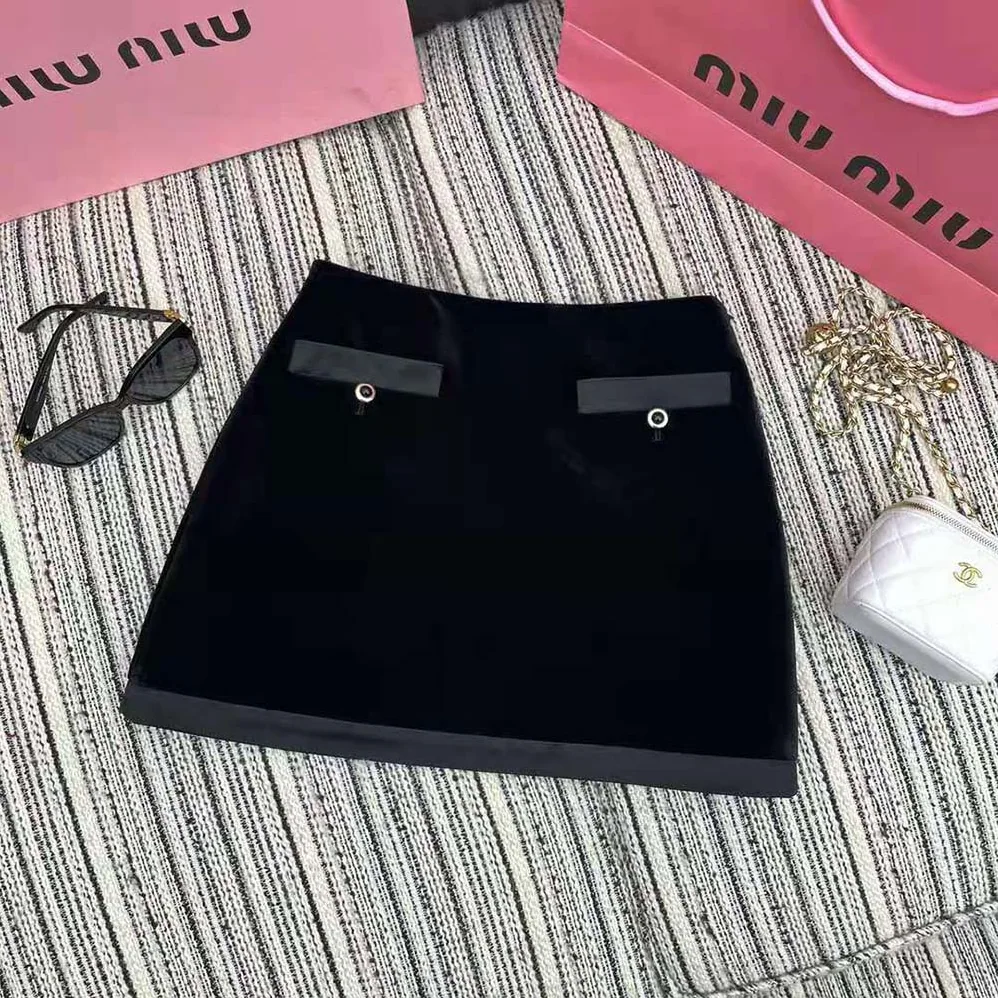 Miu Miu Velvet Miniskirt with Knit Logo Label for Women in Black