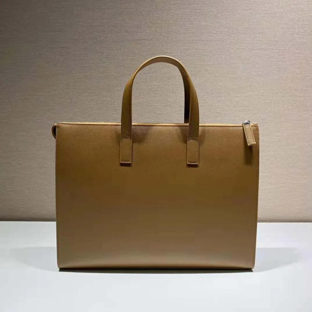 Prada Saffiano Leather Tote with a Crosshatch Pattern and Wax Finish for Men in Brown