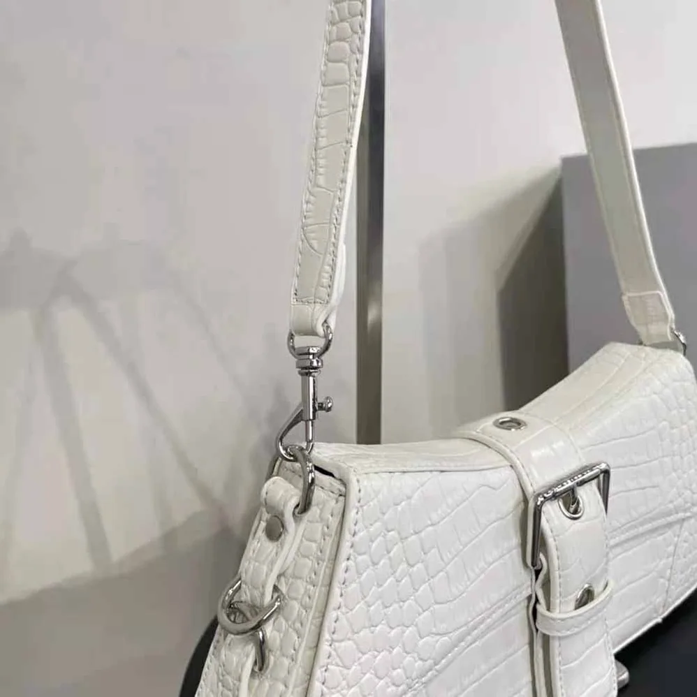Balenciaga Lindsay Small Shoulder Bag with Strap Crocodile Embossed for Women in White