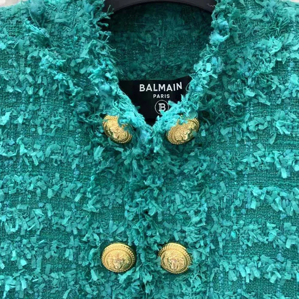 Balmain Fringed Tweed Jacket for Women in Green