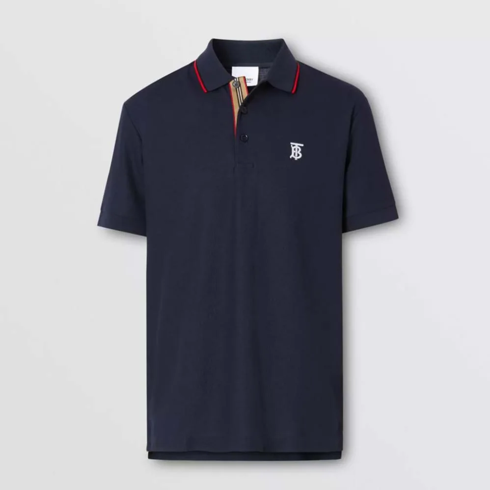 Burberry Icon Stripe Placket Cotton Piqué Polo Shirt for Men in Navy Burberry Icon Stripe Placket Cotton Piqué Polo Shirt for Men in Navy