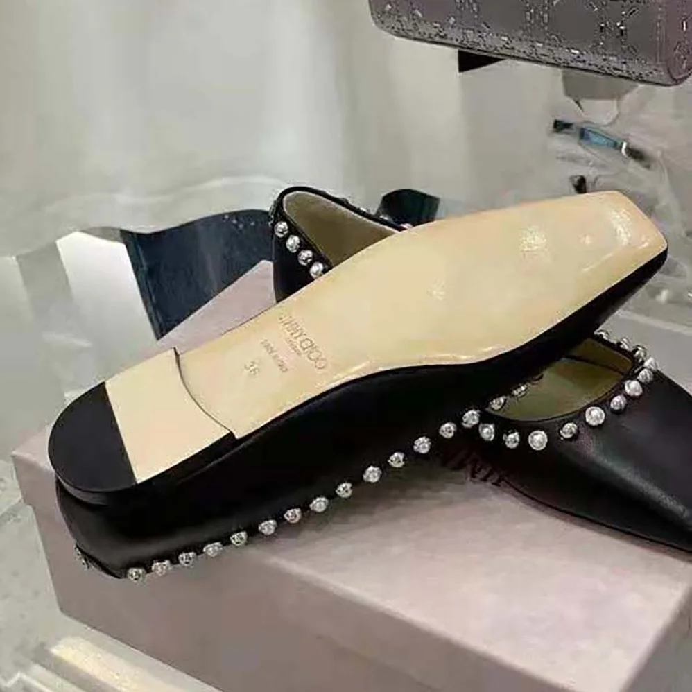 Jimmy Choo Mirele Flat Black Nappa Leather Flats with Pearl Outline for Women Jimmy Choo Mirele Flat Black Nappa Leather Flats with Pearl Outline for Women