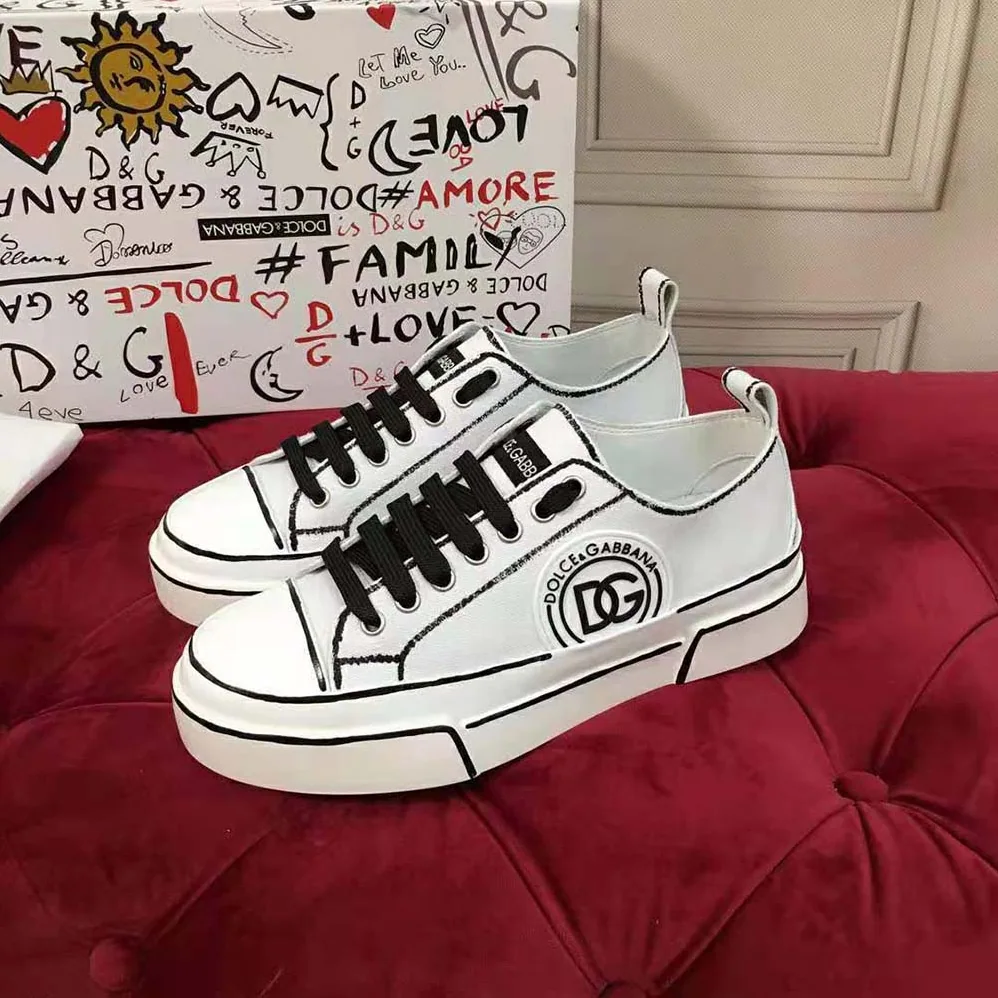 Dolce Gabbana D&G Hand-painted Canvas Portofino Light Sneakers for Women in White Dolce Gabbana D&G Hand-painted Canvas Portofino Light Sneakers for Women in White