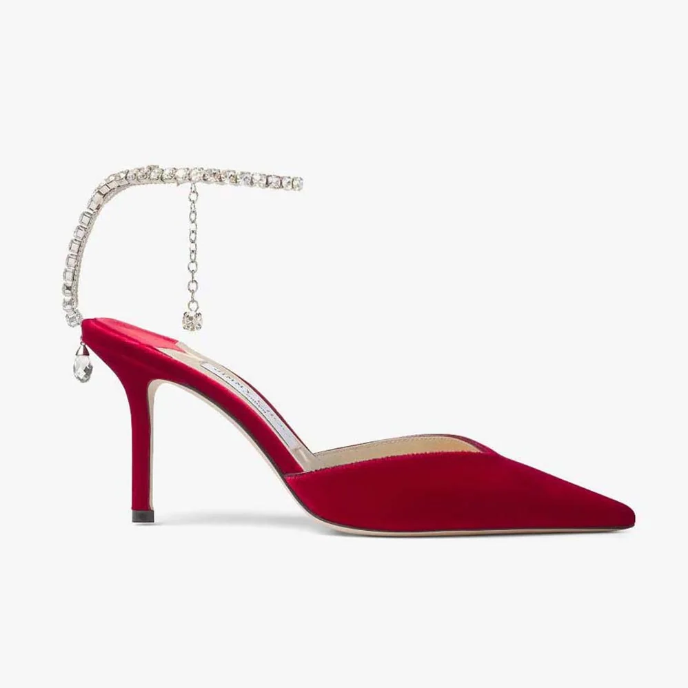 Jimmy Choo Saeda 85 Red Velvet Pumps with Crystal Embellishment for Women Jimmy Choo Saeda 85 Red Velvet Pumps with Crystal Embellishment for Women