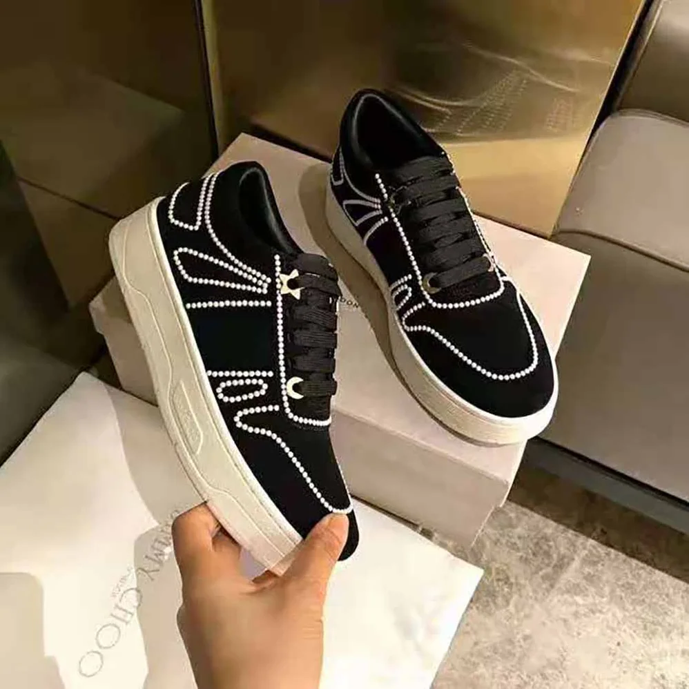 Jimmy Choo Hawaii/F Black Suede Lace-Up Sneakers with Pearl Detailing for Women Jimmy Choo Hawaii/F Black Suede Lace-Up Sneakers with Pearl Detailing for Women