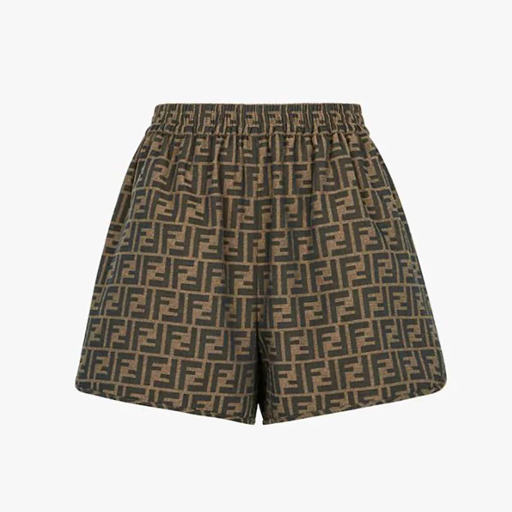 Fendi Brown Canvas Shorts with an Elasticated Waist and Side Slits in the Hem for Women