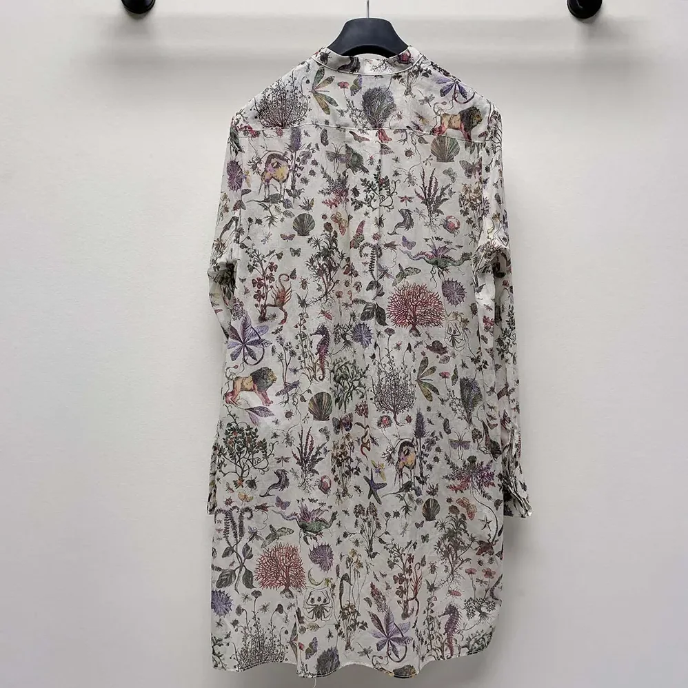 Dior Long Blouse White Cotton Muslin with Multicolor Dior Cabinet de Curiosités Motif for Women