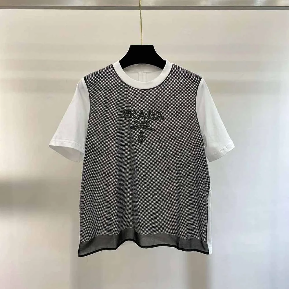 Prada Studded Chiffon and Jersey T-shirt for Women in White Prada Studded Chiffon and Jersey T-shirt for Women in White