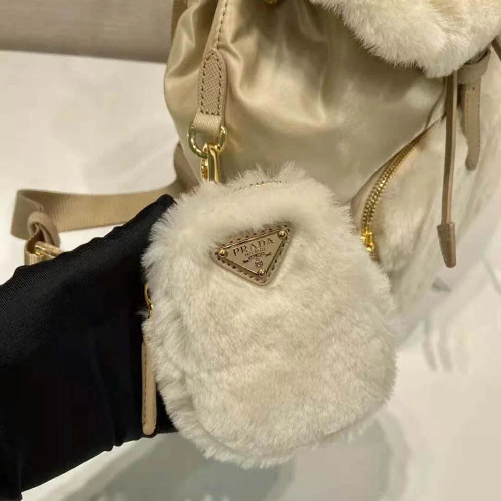 Prada Re-Nylon and Shearling Backpack for Women in Beige