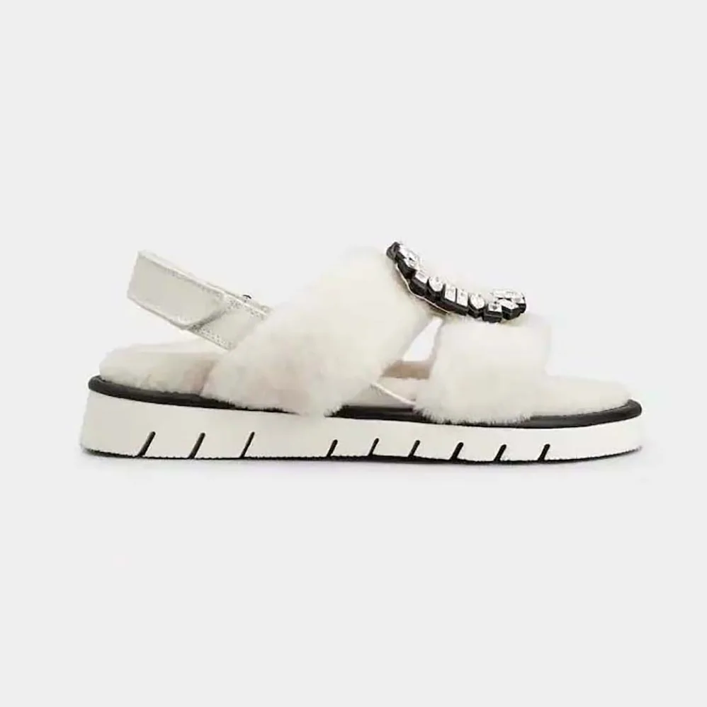 Roger Vivier Viv' Winter Fur Strass Buckle Sandals in Sheepskin for Women in White