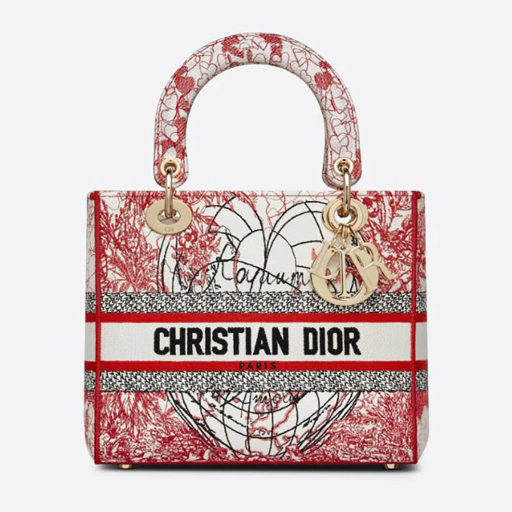 Dior Medium Lady D-lite Bag Red and White D for Women in Royaume D Amour Embroidery
