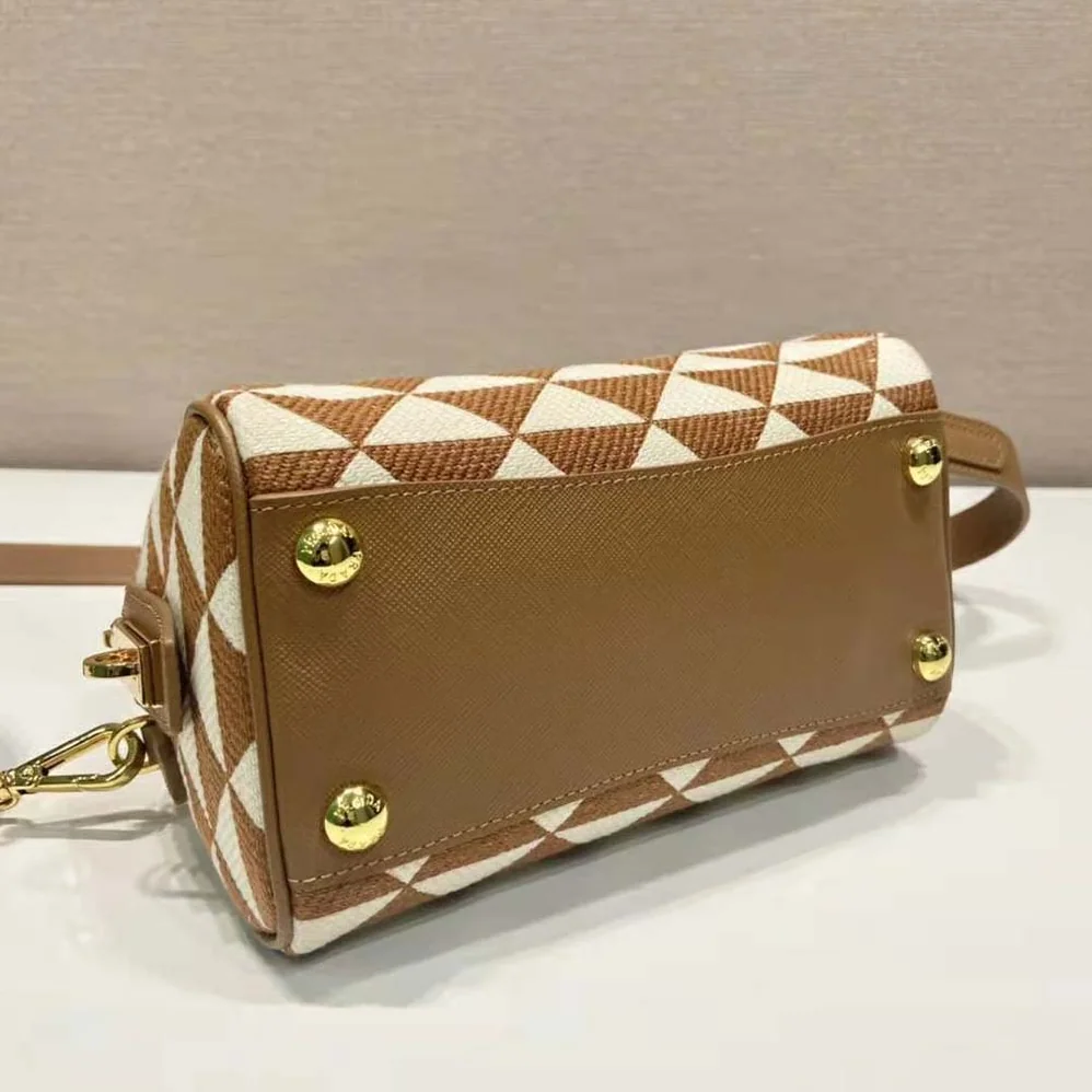 Prada Symbole Embroidered Jacquard Fabric Top-Handle Bag for Women in Brown
