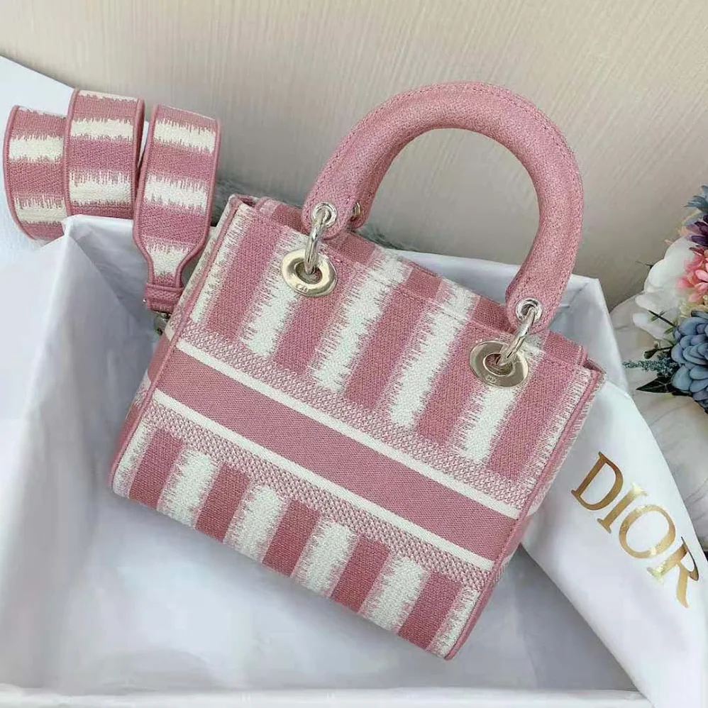 Dior Medium Lady D-lite Bag Pink D for Women in Stripes Embroidery