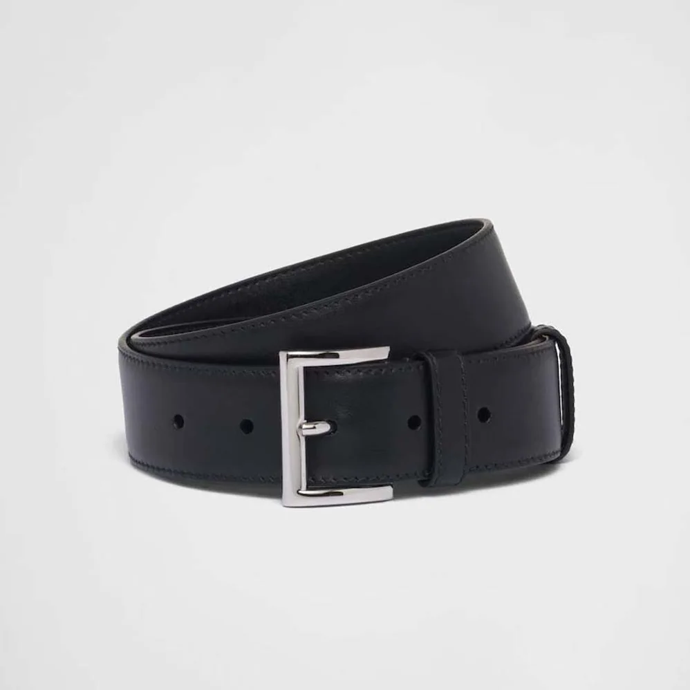 Prada Leather Belt with Enameled-Metal Triangle Logo for Women in Black Prada Leather Belt with Enameled-Metal Triangle Logo for Women in Black