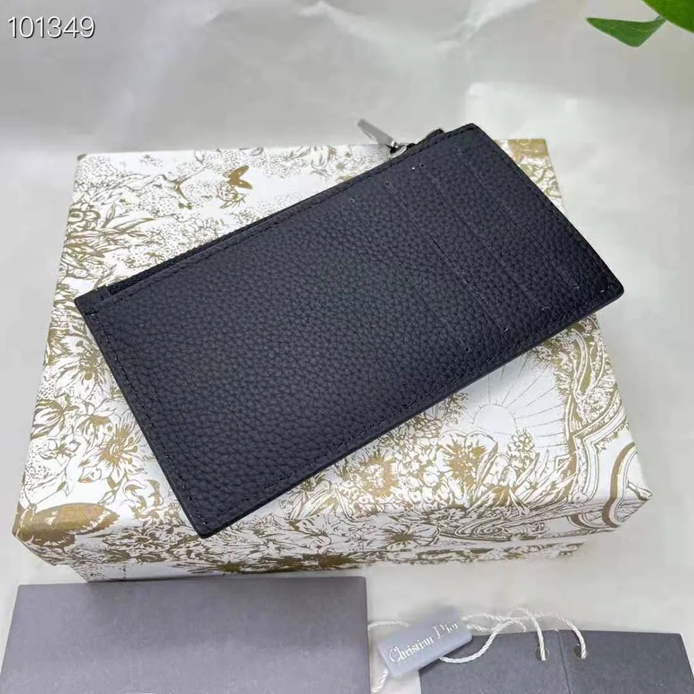 Dior Zipped Card Holder Black Grained Calfskin with CD Icon Signature for Men