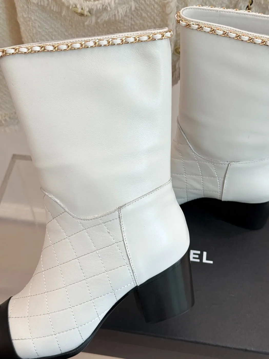 Chanel Double C Chunky Heel Boots With Chain Detail White Chanel Double C Chunky Heel Boots With Chain Detail White