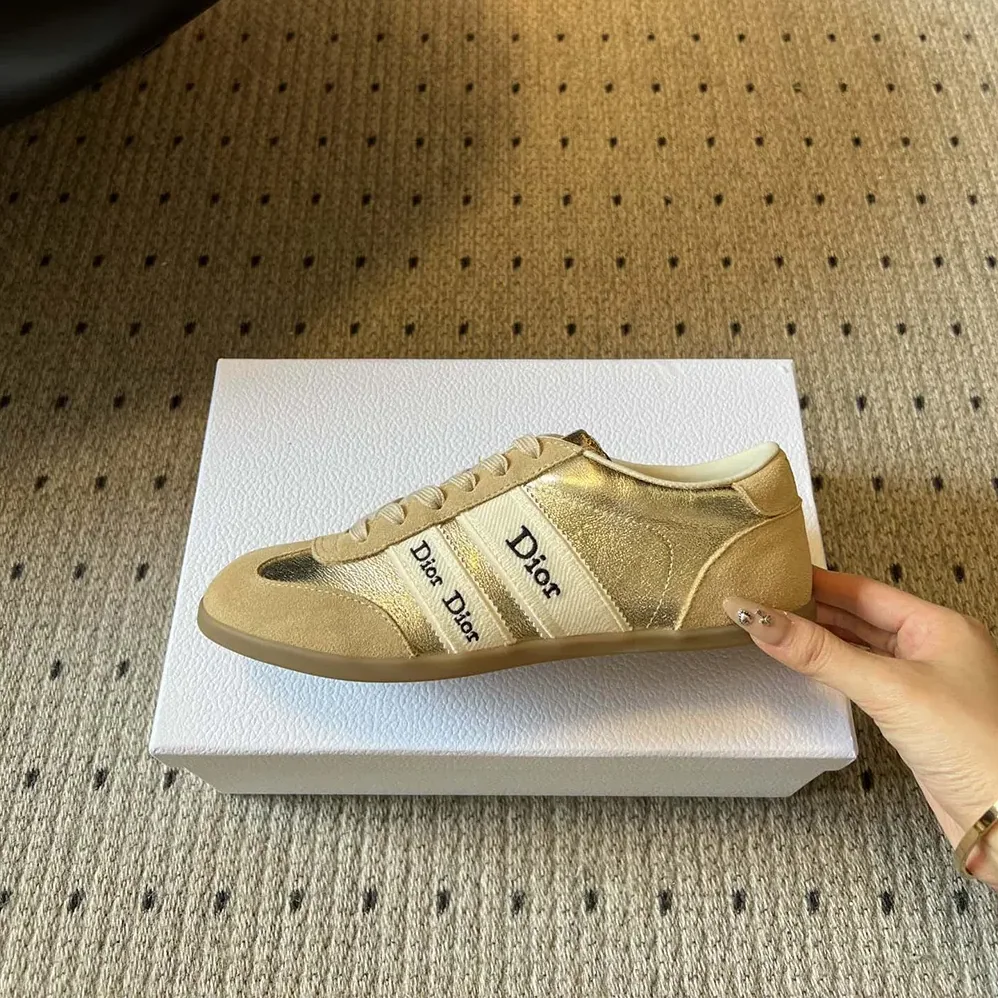 Dior Ribbon Sneaker Beige Suede Calfskin and Gold for Women in Tone Crinkled Laminated Lambskin Dior Ribbon Sneaker Beige Suede Calfskin and Gold for Women in Tone Crinkled Laminated Lambskin